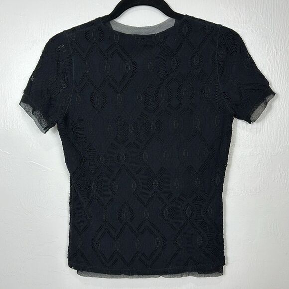 Fuzzi Black Lace Upper Mesh Lining Short Sleeve Crew Neck Top Size L - Picture 3 of 6